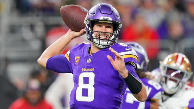 Oct 23, 2023; Minneapolis, Minnesota, USA; Minnesota Vikings quarterback Kirk Cousins (8) passes against the San Francisco 49ers in the first quarter at U.S. Bank Stadium. 